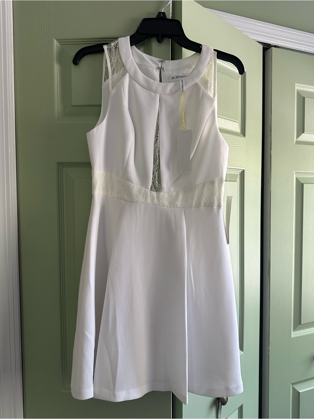 BCBGeneration White Sleeveless Lace-Trim Fit & Flare Mini Dress - great for grad